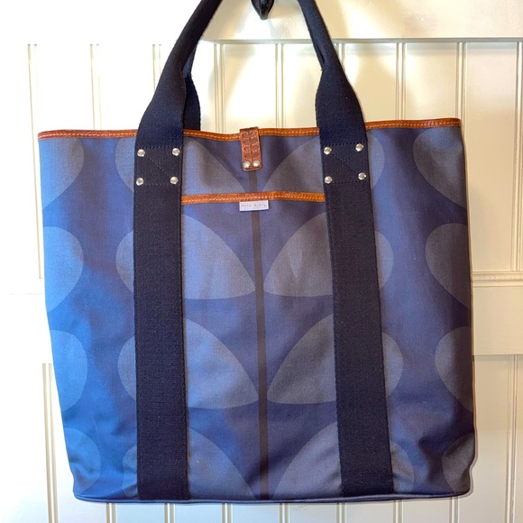 Orla Kiely Bags Orla Kiely Large Tote Blue Leaf Print Leather Trim